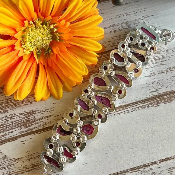 Solar Agate & Ruby Bracelet Handmade Stone Gemstone 925 Silver Large Ethnic New